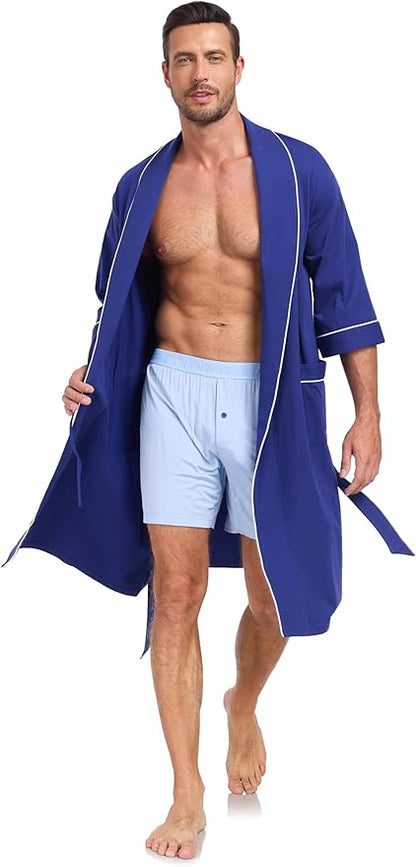 COLORFULLEAF Men's Bathrobes 100% Cotton Soft Comfort Breathable Short Sleeve Summer Kimono Mens Lightweight Robe