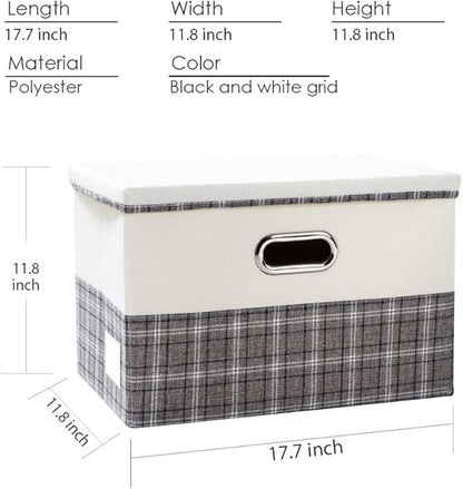 PRANDOM Large Collapsible Storage Bins with Lids [3-Pack] Fabric Foldable Storage Boxes Organizer Containers Baskets Cube with Cover for Home Bedroom Closet Office Gray plaid & Cream(17.7x11.8x11.8)