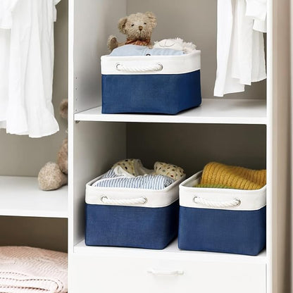 TheWarmHome Storage Basket for Organizing - Medium 3 Pack 14x10x7 inch Fabric Storage Cubes for Shelves with Rope, Collapsible Storage Bin for Organizer Closet Cloth Gift Toy (White & Jean Blue)