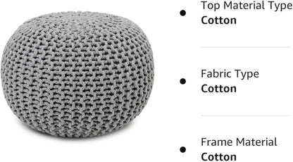 REDEARTH Round Boho Pouf Ottoman - Cable Knitted Cord Boho Pouffe - Stuffed Poof Accent Beanbag Footrest for Living Room - Nursery - Bedroom - Covered Patio - Study Nook (18”x18”x14”) - Gray-S