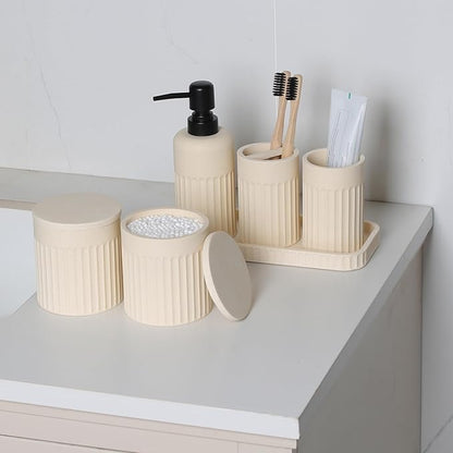 Bathroom Accessory Set - 6 Pieces Bathroom Accessories Set Complete with Soap Dispenser, Toothbrush Holders, Tumbler, Vanity Tray and 2 Qtip Holder for Home Organizer and Decor, Beige