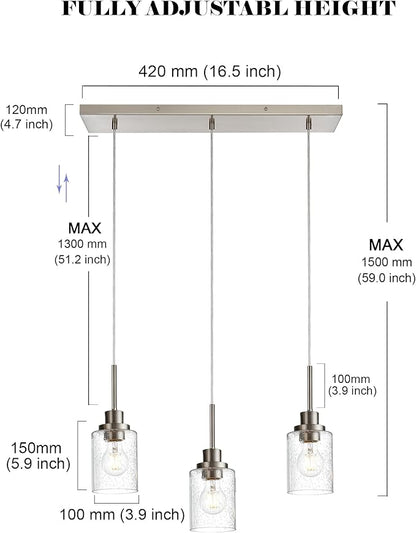 3-Light Farmhouse Chandelier Light Fixture Brushed Nickel Clear Seeded Glass Dining Room Hanging Modern Pendant Lighting Over Table,Traditional Ceiling Lights for Kitchen Island Entryway