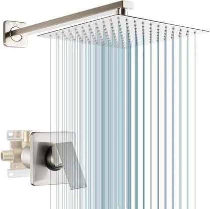 POP SANITARYWARE Shower Faucet Set Brushed Nickel Bathroom Rainfall 10 Inch Shower Head System Single Handle Shower Trim Kit with Valve
