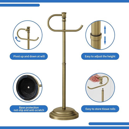 RUMOSE Toilet Paper Holder Stand for Floor,Antique Brass Adjustable (12.4" to 22.8") Bathroom Toilet Tissue Holder, Free Standing Paper Roll Holder with Storage, Stainless Steel