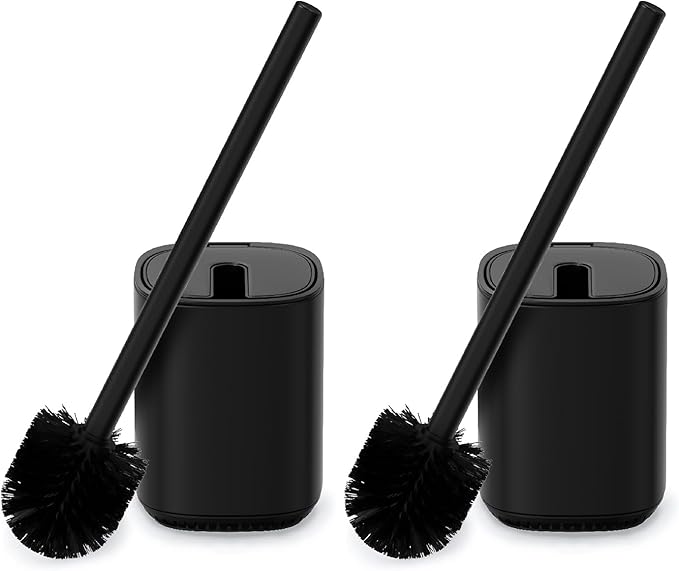 Toilet Brush and Holder Set Toilet Bowl Brush Stainless Steel Automatic Toilet Bowl Cleaner Brush with Durable Bristle Head Toilet Cleaning Brush for Bathroom 2 Pack Set Black