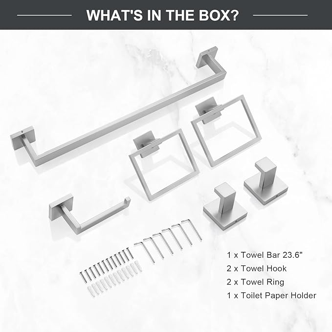 TQKAG 6-Piece Bathroom Towel Bar Sets Brushed Nickel 23.6 inch Towel Bar Stainless Steel Towel Ring Coat Hook and Toilet Paper Holder Bathroom Hardware Set Wall Mounted Bathroom Accessories Kit