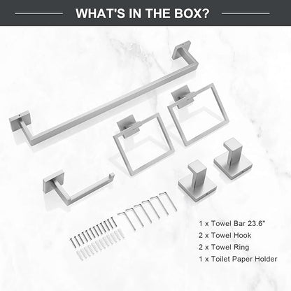TQKAG 6-Piece Bathroom Towel Bar Sets Brushed Nickel 23.6 inch Towel Bar Stainless Steel Towel Ring Coat Hook and Toilet Paper Holder Bathroom Hardware Set Wall Mounted Bathroom Accessories Kit