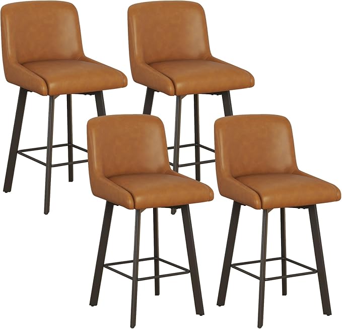 Swivel Counter Height Bar Stools Set of 4, 26''H Upholstered Barstools with Backs, Modern Bar Stool Chairs for Kitchen Island, Metal Legs, Faux Leather, Whiskey Brown Stools Counter Chair