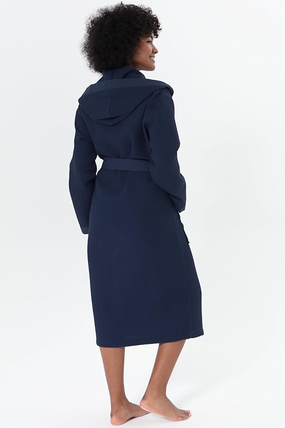 Women’s Luxury Waffle Shawl Collar, Hooded Robe w Piping – Lightweight, Long, Ultra Soft Spa Sleepwear Bathrobe