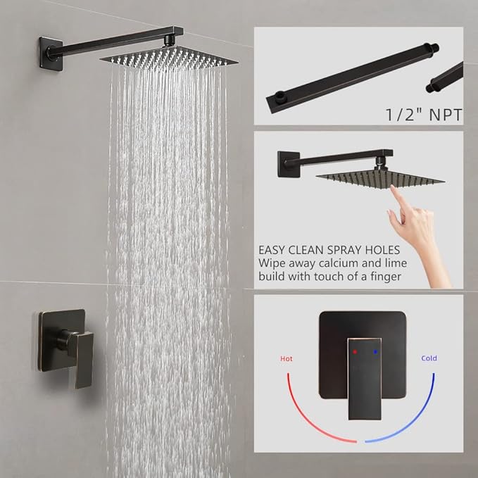 Oil Rubbed Bronze Shower Faucet Set, Single Function Shower Trim Kit with Rough-in Valve, Square Rain Shower Head System Included Extra Long Shower Arm for Bathroom