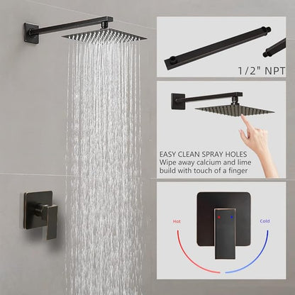 Oil Rubbed Bronze Shower Faucet Set, Single Function Shower Trim Kit with Rough-in Valve, Square Rain Shower Head System Included Extra Long Shower Arm for Bathroom