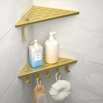 10‘’ Corner Shower Shelf, 304 Stainless Steel Shelves for Bathroom, Grout in Shelf with Hooks for Tiled Wall (Gold)
