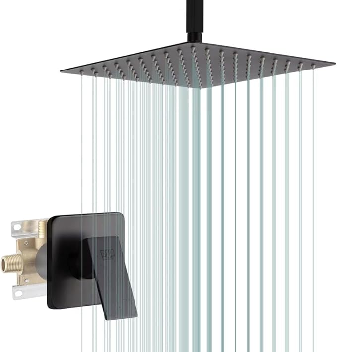 POP SANITARYWARE Ceiling Mount Shower Faucet Set Matte Black Bathroom 10 Inch Rainfall Mixer Shower Head System Single Handle Shower Trim Kit with Rough-in Valve