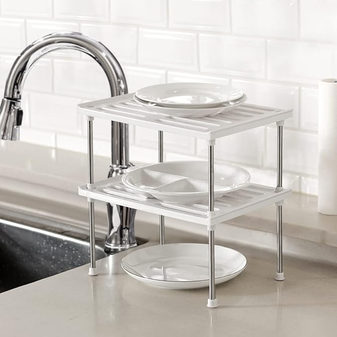 carrotez Kitchen Cabinet Organizer, Cabinet Shelves and Storage, Pantry Storage Shelf Organizer, Kitchen Counter Shelf, Cupboard, Under Sink, Stackable, Expandable, Set of 2, White