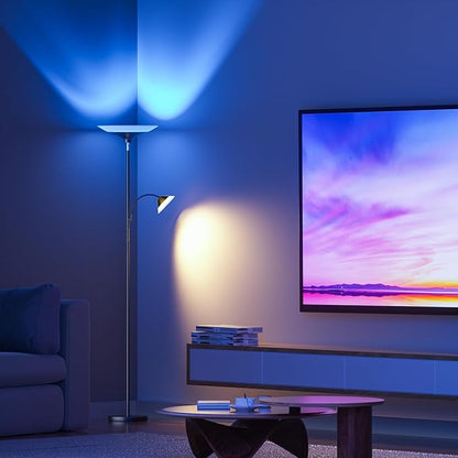 RGB Torchiere Floor Lamp - 2 Way Dimmable LED Standing Lamp with Remote&Button Control, 34W Rotatable Floor Reading Light, 72'' Tall Modern Corner Lamp for Living Room Bedroom Office, Black