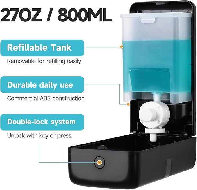 AIKE Wall Mount Liquid Soap Dispenser, 27oz Large Capacity with Extended Pump for Commercial Bathrooms(Black)