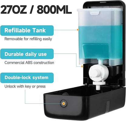 AIKE Wall Mount Liquid Soap Dispenser, 27oz Large Capacity with Extended Pump for Commercial Bathrooms(Black)