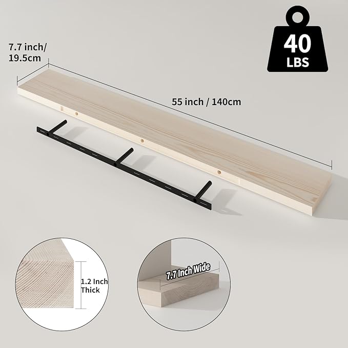 SAUMONIERES Floating Shelves 8 Inch Deep Solid Wood Wide Wall Shelf Set of 1 Wall Mounted for Bedroom Bathroom Living Room Kitchen, 55 Inch Natural