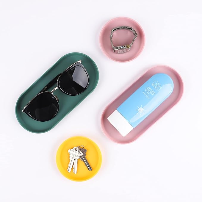 Blue Ginkgo Mini Silicone Trays – Set of 6 Easy-Clean Organizers for Bathroom, Kitchen, Desk, Vanity, and Cosmetics (Green, Yellow, Pink)