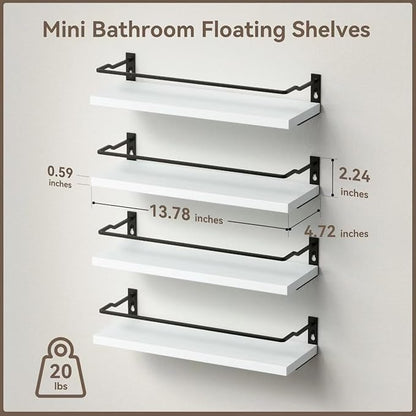 RICHER HOUSE White Bathroom Floating Wall Shelf Set of 4, Small Organizer Over Toilet Storage, Guard-Rail Kitchen Shelves - White