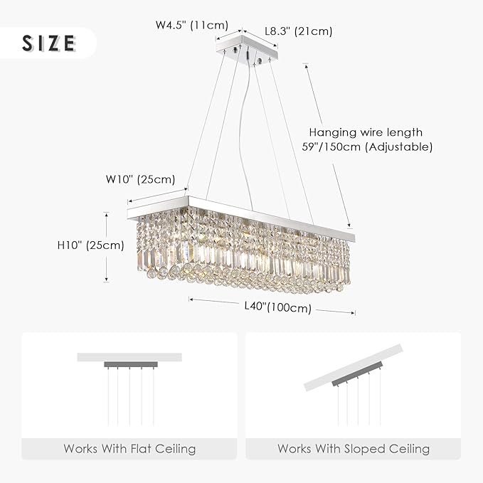 Siljoy Modern Rectangular Crystal Chandeliers 8 Lights Rectangle Raindrop Pendant Ceiling Light Fixture for Kitchen Island Dining Room, Adjustable Height, Polished Chrome Finish, L40 x W10 x H10