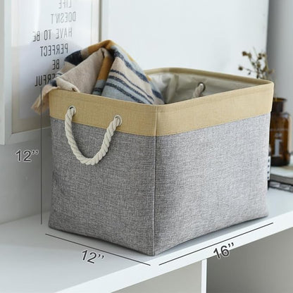 TheWarmHome Storage Basket for Organizing - Fabric Large Cubes 3 Pack 16x12x12 inch Baskets, Cube Storage Bin for Shelves Organizer Closet Cloth Gift Toy (Gold & Grey)