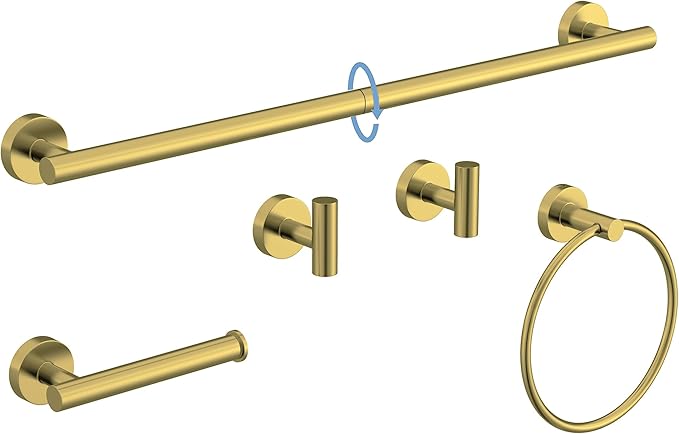 Brushed Gold Bathroom Accessories Set, SUS304 Stainless Steel 5 Pieces Bathroom Hardware Set, 26 Inch Bath Towel Bar Set, 2 Towel Hooks, Toilet Paper Holder, Towel Racks for Bathroom Wall Mounted