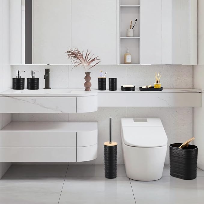 Black Bathroom Set, Black Bathroom Accessories Set with Trash Can, 2PCS Soap Dispensers, Soap Dish, Toothbrush Holder, Toothbrush Cup,Toilet Brush, Tray and Qtip Holders for Bathroom Decor