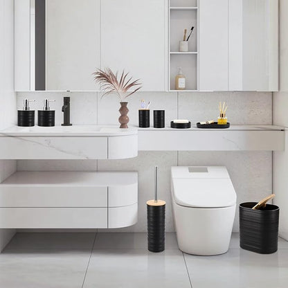 Black Bathroom Set, Black Bathroom Accessories Set with Trash Can, 2PCS Soap Dispensers, Soap Dish, Toothbrush Holder, Toothbrush Cup,Toilet Brush, Tray and Qtip Holders for Bathroom Decor