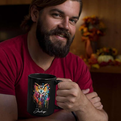Personalized Name Owl Animal Coffee Mug, Custom Owl Black Cup, Gift For Men Women, Unique Colorful Owl Mug, Animal Cup For Owl Lovers, Customized Owl Ceramic Mug 11oz 15oz, Owl Cup