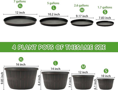Quarut 14 Inch Plastic-Flower-Pot-for-Indoor-Plants, 4 Pack Large Outdoor Planter Pot with Drainage Holes & Saucers, Resin Decorative Garden Pots Planters（Brown）