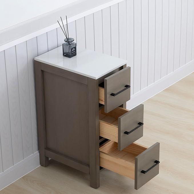 Vanity Art 12 Inch Bathroom Cabinet 3 Dove-Tailed Drawers with Engineered Marble Top Side Storage Organizer Freestanding Single Vanity VA3112-DG