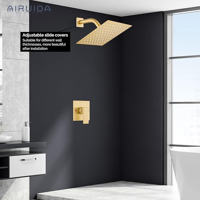 Airuida Shower Faucet Set Bathroom Rain Shower System SUS304 Stainless Steel Single Handle With Male Threads Rough-in Valve Shower Trim Kit 8 Inch Wall Mount Shower Head Brushed Gold