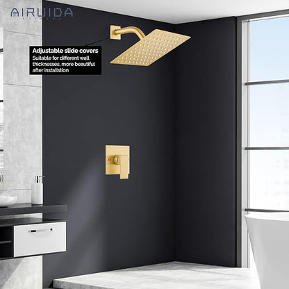 Airuida Shower Faucet Set Bathroom Rain Shower System SUS304 Stainless Steel Single Handle With Male Threads Rough-in Valve Shower Trim Kit 8 Inch Wall Mount Shower Head Brushed Gold