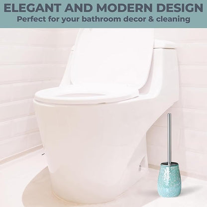 Turquoise Green Toilet Brush and Holder Set Mosaic Glass | Non-Rustic Stainless Steel | Practical & Decorative Toilet Bowl Brush and Holder | Luxury Green Bathroom Accessories