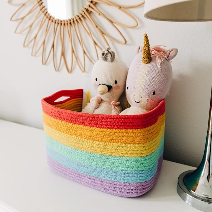 OrganiHaus Set of 3 Rainbow Woven Storage Baskets for Organizing, Cotton Rope Organizer Bins for Shelves, Closet & Nursery, Dog Toy Basket, Decorative Bins for Toys, Towels & Books - 15x10x9
