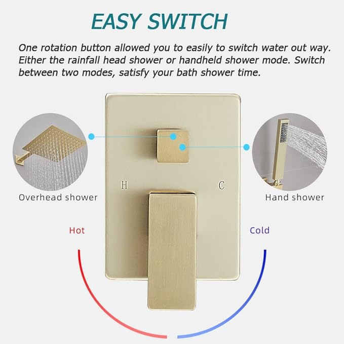 Brushed Gold Shower System Bathroom Luxury Rain Mixer Shower Combo Set Wall Mounted Rainfall Shower Head System Shower Faucet Rough-in Valve Body and Trim Included