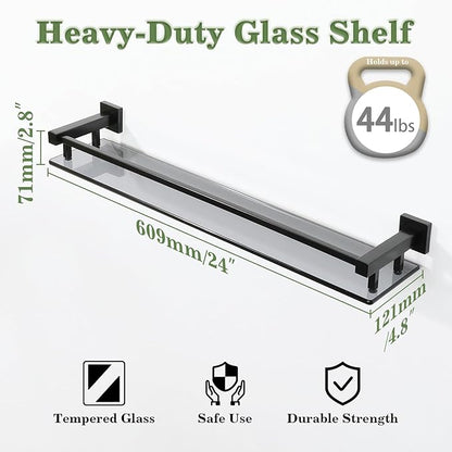 Alise Bathroom Shelf Wall Mounted, Matte Black Large Capacity Glass Shelf for Bathroom, 24 inch