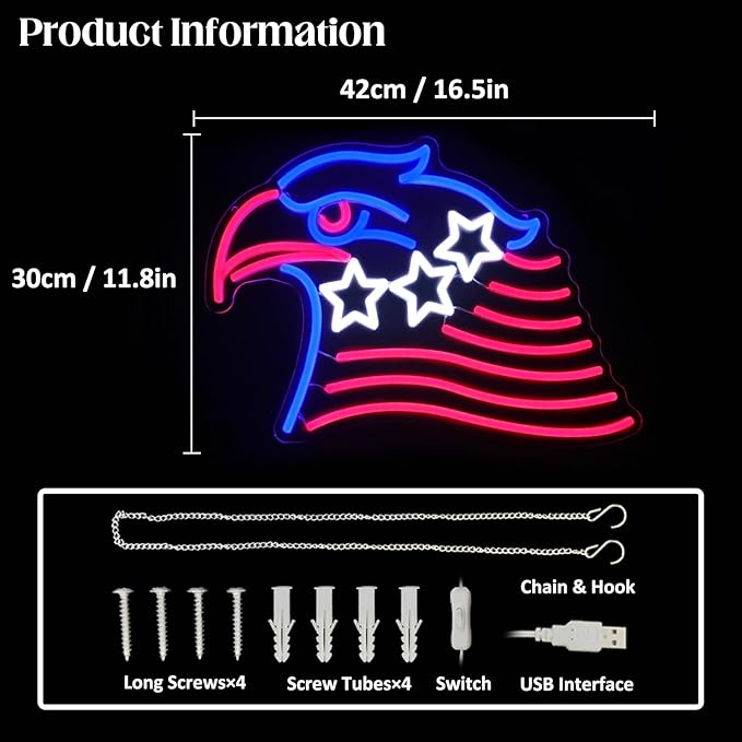 Patriotic Eagle Flag Neon Sign USA Stars and Stripes LED Sign for Wall American Flag Neon Lights Signs for Bedroom Memorial Day 4th of July Independence Day American Eagle Day Decorations