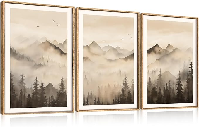 Celestdeco Nature Misty Forest Framed Canvas Wall Art Set, Foggy Landscape Wall Decor, Watercolor Pine Tree Wall Painting, Large Mountains Art Print for Living Room, Bedroom, Office - 16"X24"X3
