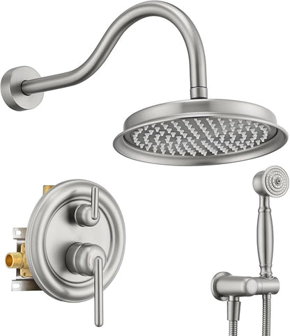 Rainfall Shower System Shower Faucet Set with Rain Shower Head and Handheld Spray Wall Mounted Bathroom Luxury Mixer Combo Set Rough-in Valve Body and Trim Included 9 inch Brushed Nickel