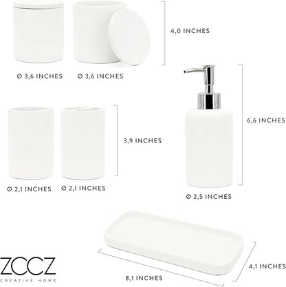 ZCCZ White Bathroom Accessories Set 6 Pieces - Toothbrush Holder, Lotion Dispenser, Qtip Container, Vanity Tray, Tumbler - Countertop Organizer for Bathrooms - Elegant and Functional Décor Set