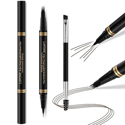 Eyebrow Makeup Kit - 4 Tip Waterproof Microblading Pencil, Eyeliner, Pomade, Dual-ended Brush - Natural Looking - Ebony