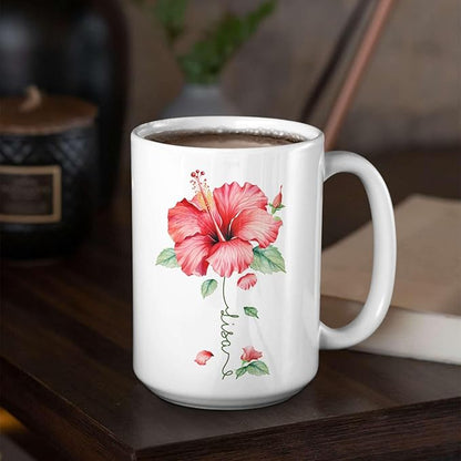 Personalized Hibiscus Blossom Design Mug, Custom Name Vibrant Flower Coffee Cup, Customized Mug For Floral Enthusiasts, Novelty Hibiscus Flower Ceramic Cup 11oz 15oz, Gift For Women