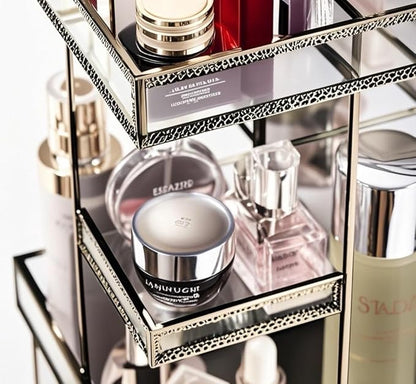 Vintage Glow Antique 360 Degree Rotating Makeup Organizer,4-Tier Spinning Perfume Tray,Countertop Cosmetic Storage,Glass Beauty Display,Retro Large Capacity Vanity Organizer for Brushes Skincare