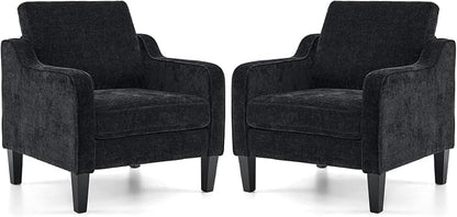 VINGLI Living Room Chairs Set of 2, Black Accent Chair 5.5" Thick Seat Cushion Comfy Chair Soft Chenille Side Chair Upholstered Arm Chair for Bedroom, Play Room, Apartment, Office (Black)