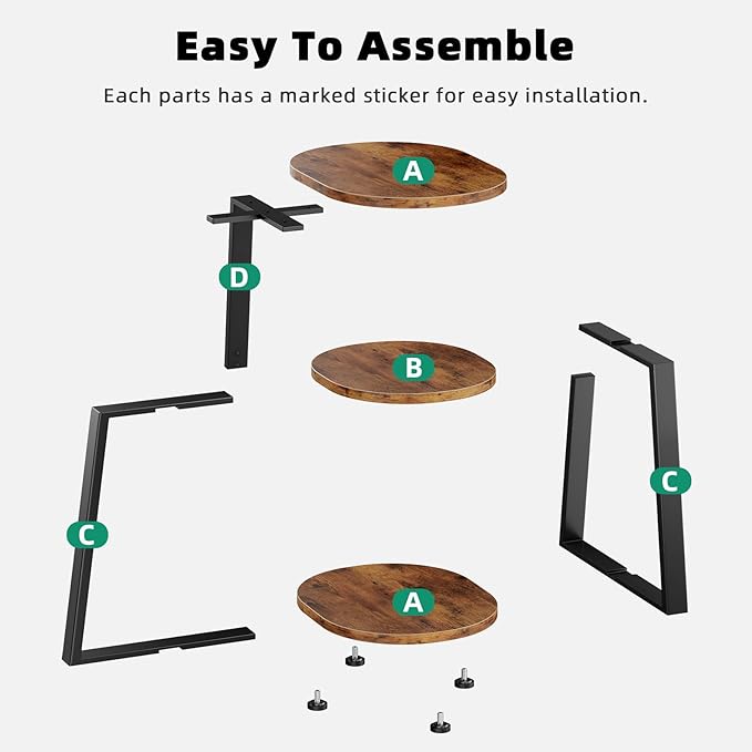 Side Table, Small End Table with Metal Frame, 3-Tier Bedside Tables, Round Side Tables for Living Room Bedroom Couch Bathroom, Oval, Vintage Brown