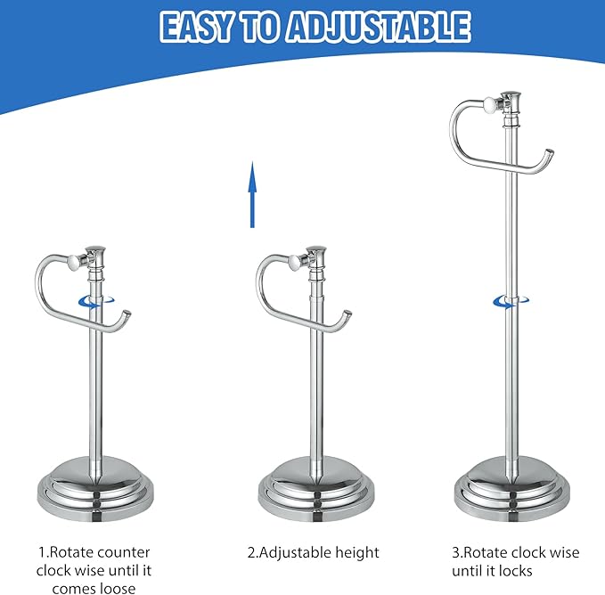 RUMOSE Toilet Paper Holder Stand for Floor, Polished Chrome Adjustable (12.4" to 22.8") Bathroom Toilet Tissue Holder, Free Standing Toilet Paper Roll Holder with Storage, Stainless Steel