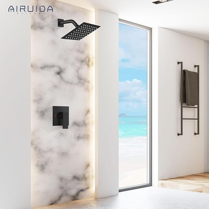Airuida Shower Faucet Set Bathroom Rain Shower System SUS304 Stainless Steel Single Handle With Male Threads Rough-in Valve Shower Trim Kit 6 Inch Wall Mount Shower Head Matte Black
