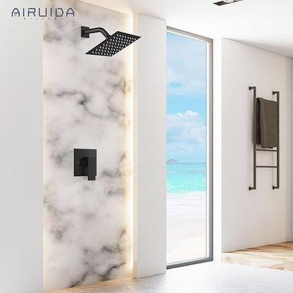 Airuida Shower Faucet Set Bathroom Rain Shower System SUS304 Stainless Steel Single Handle With Male Threads Rough-in Valve Shower Trim Kit 6 Inch Wall Mount Shower Head Matte Black